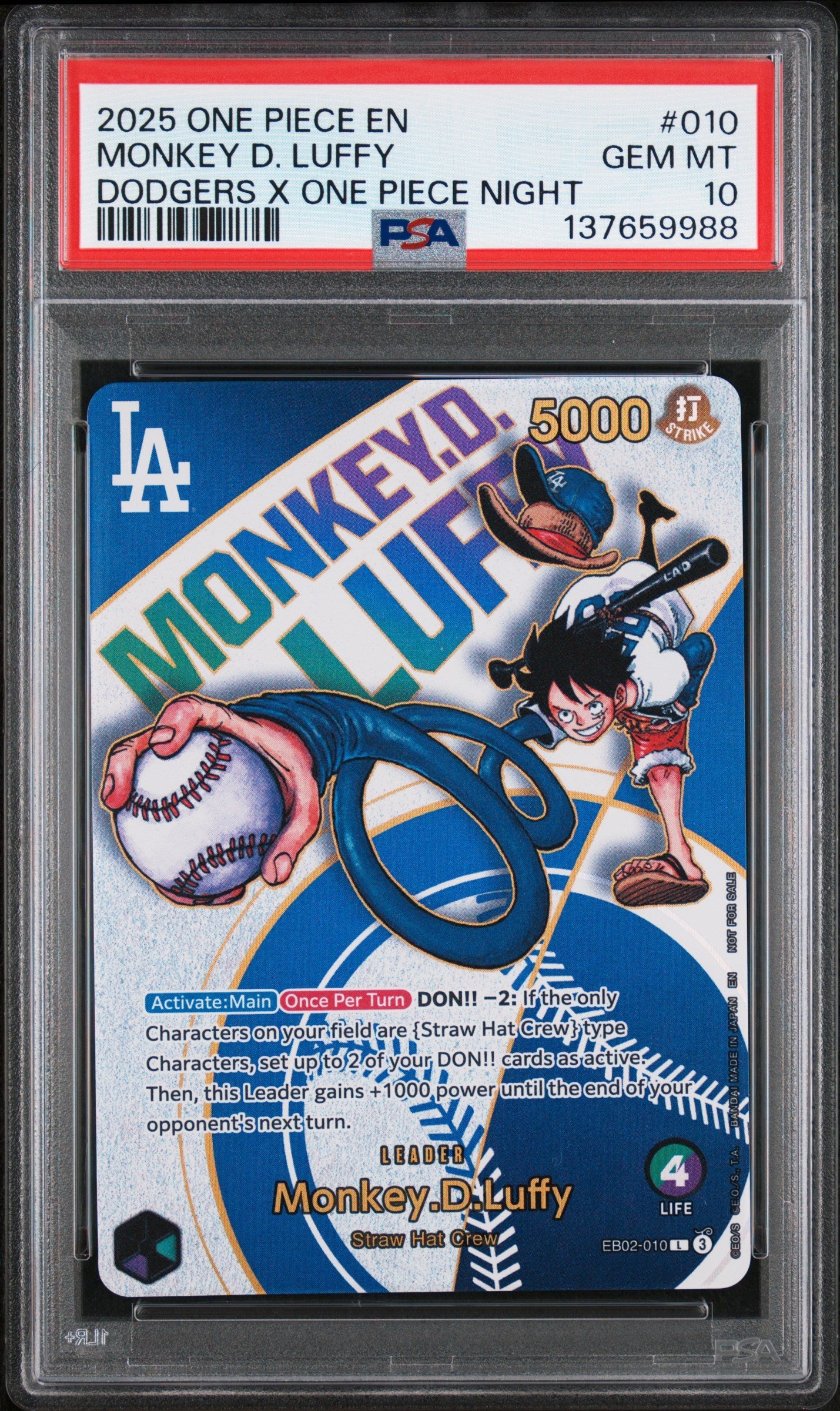 2025 One Piece En Dodgers X One Piece Night #010 Monkey D. Luffy PSA 10 GEM MINT - Single Cards